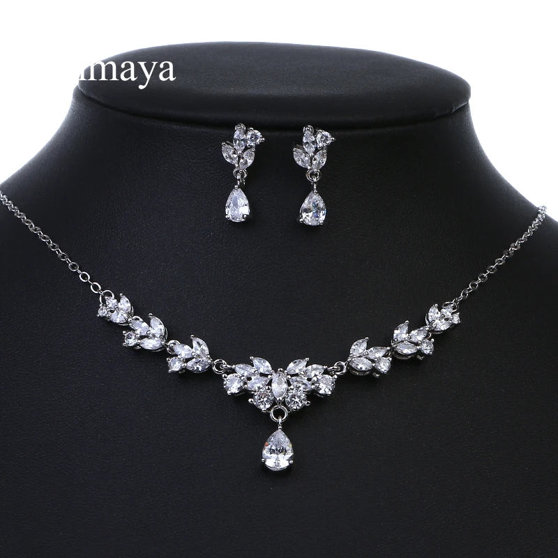 Emmaya Brand Gorgeous Charm Flower Shape Cubic Zircon Crystal Earrings Necklace Set For Women Bride Jewelry Gift