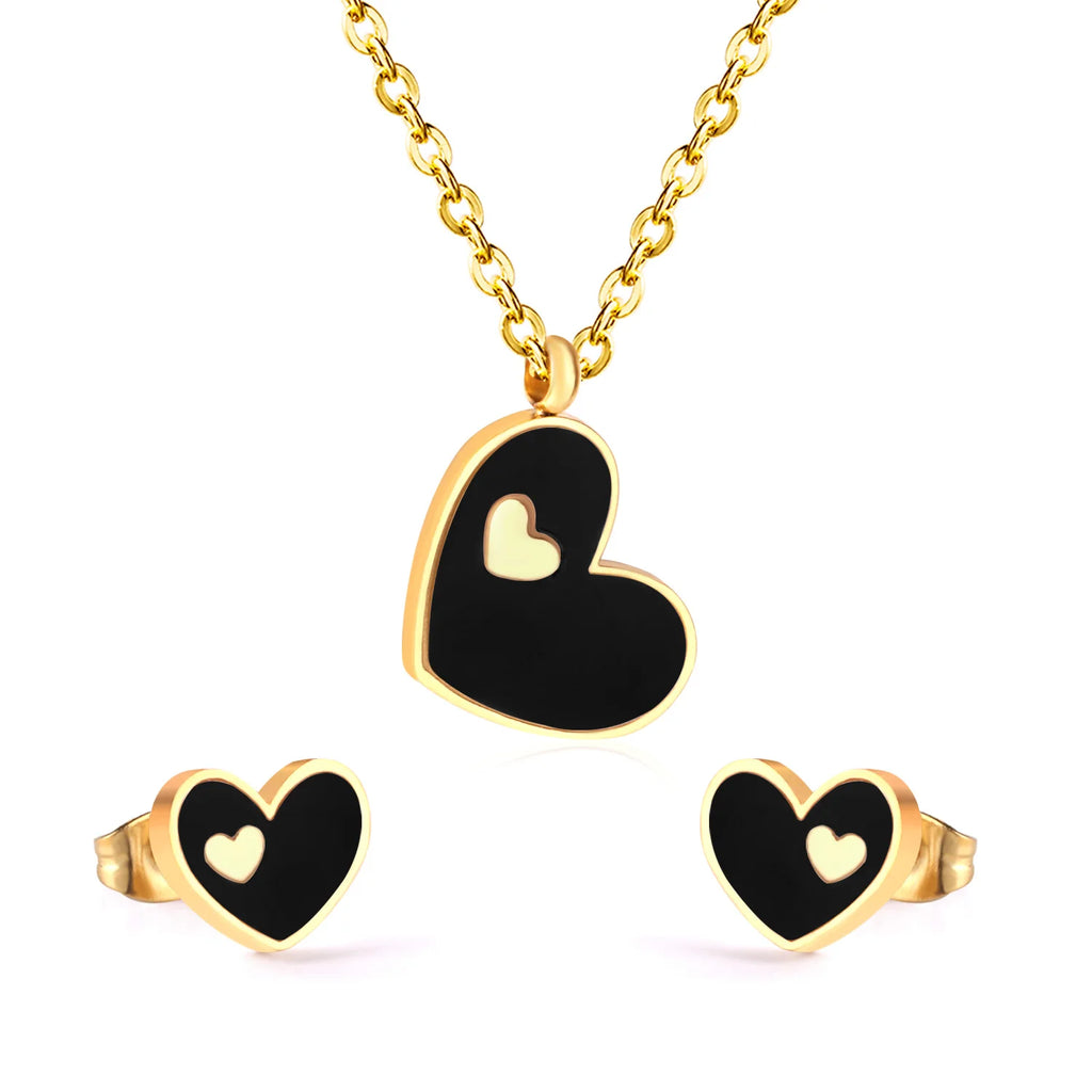 LUXUSTEEL Best Friend Gift Heart White/Black Shell Pendant Necklace Earring Sets Gold Color Choker Collars Collier Female