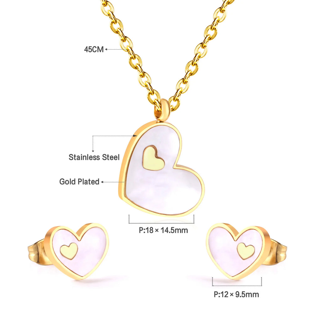 LUXUSTEEL Best Friend Gift Heart White/Black Shell Pendant Necklace Earring Sets Gold Color Choker Collars Collier Female