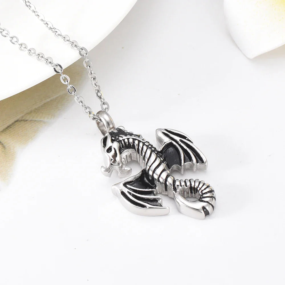 Vintage Dragon Trendy Stainless Steel Cremation Urn Necklace Funeral Cremains Holder Keepsake Urn Pendant Jewlery Locket Men's