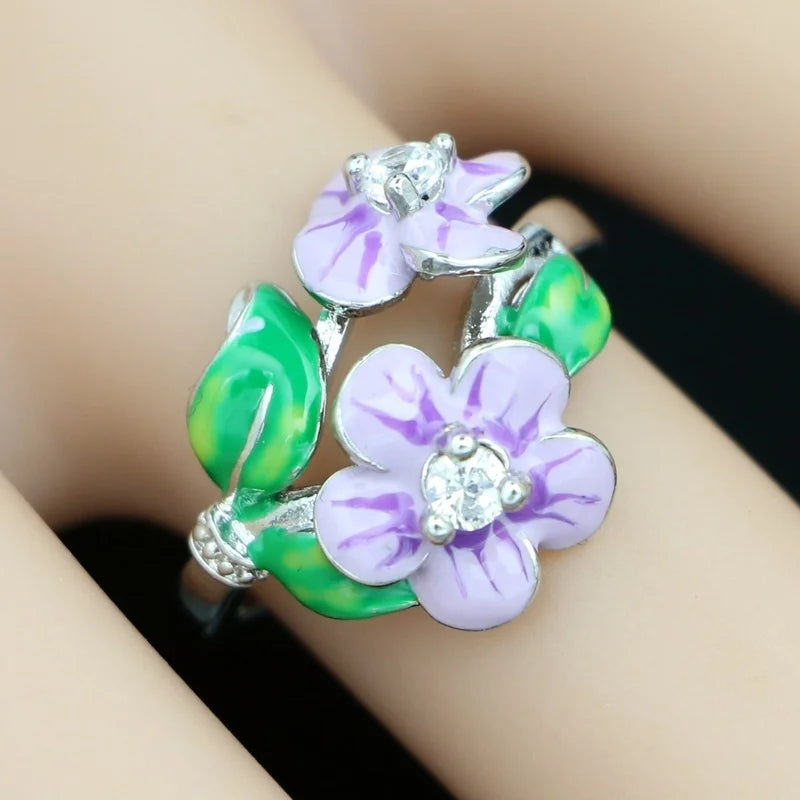 Purple Enamel Flower 925 Silver Jewelry Set Stud Earrings Ring Pendant Necklace Jewellery For Women Engagement