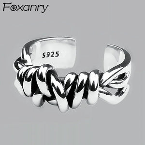 Foxanry Silver Color Vintage Woven Winding Rings for Women Line Knotted Opening Thai Silver Finger Ring Jewelry Creative
