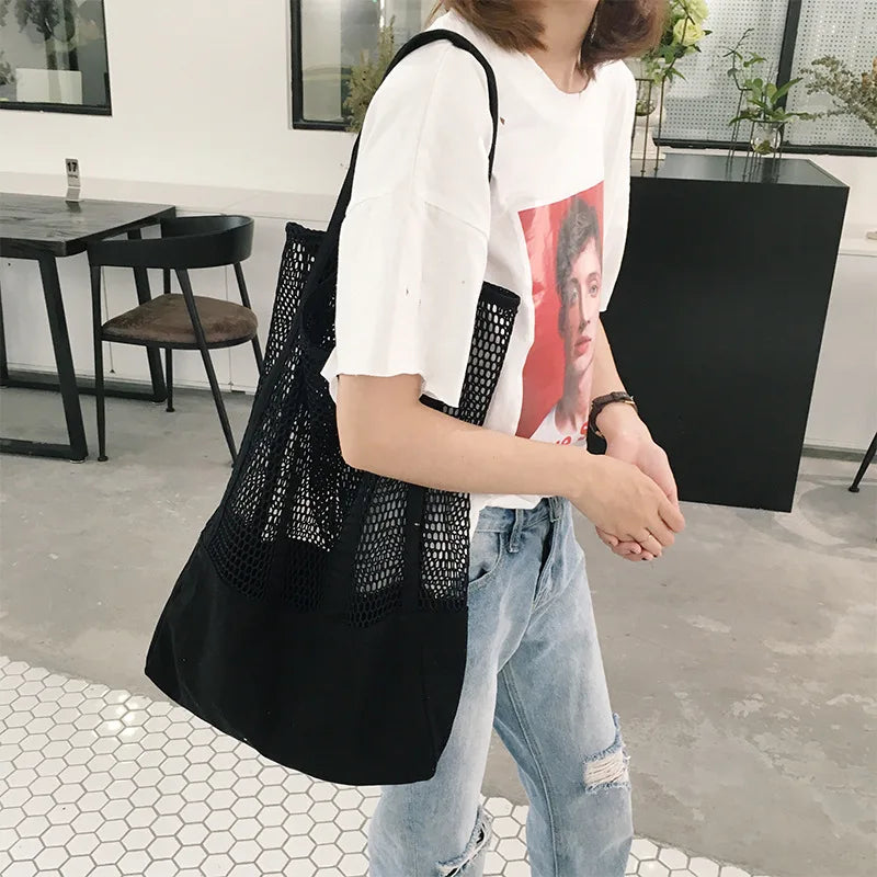 New Design Women's Handbag Mesh Hollow Out Beach Package Large Capacity Shoulder Shopping Bag Canvas Female Tote