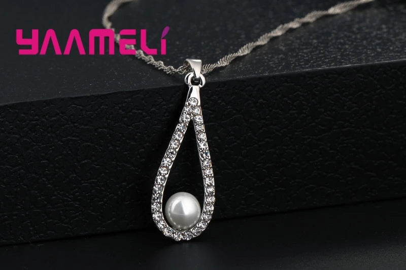 Pure 925 Sterling Silver Shiny CZ Crystal Water Drop Pearl Necklaces Pendant Chain Earrings Woman Fine Wedding Jewelry Set Gift