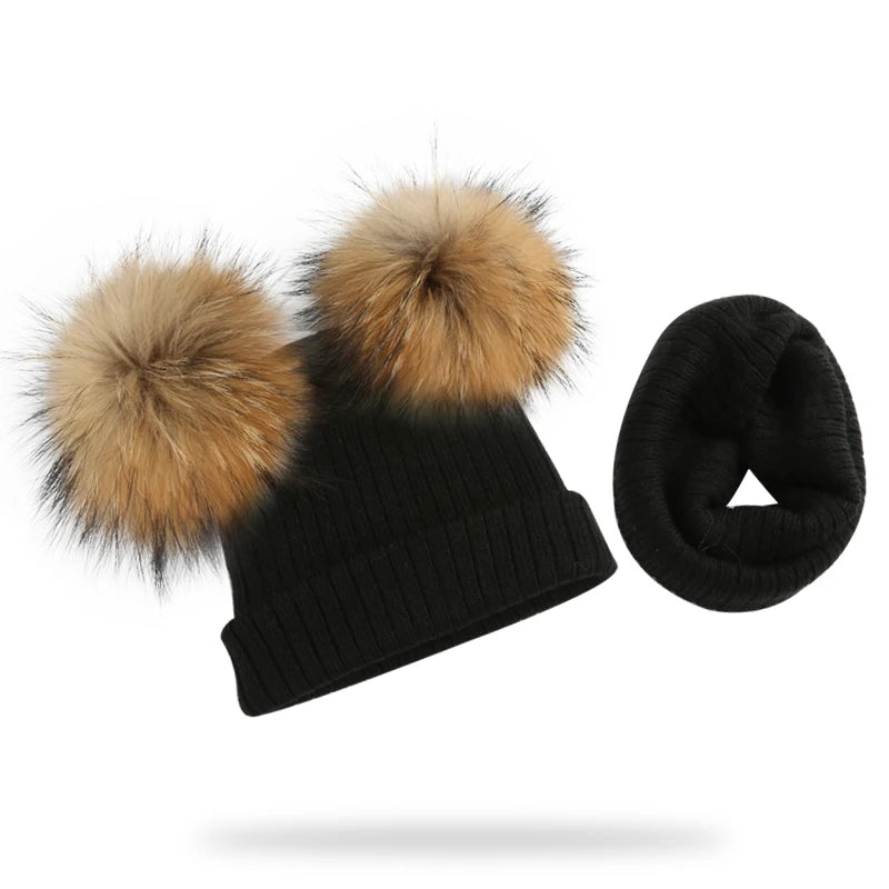 Winter Kids Natural Raccoon Fur Double Pompon Hat And Scarf For Girls Baby Cap With Genuine Pompom Children's Accessories Bonnet