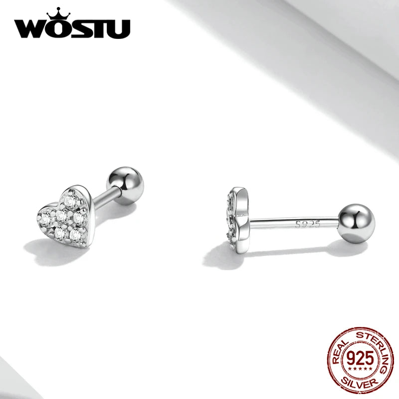 WOSTU 925 Sterling Silver Simple Heart Love Shining Zircon Stud Earrings For Women Fashion Party Jewelry CQE1298