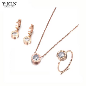 YiKLN Classic Round 2Ct Cubic Zirconia Pendant Necklace Earrings Ring Jewelry Sets Titanium Steel For Valentine's Day YSE007