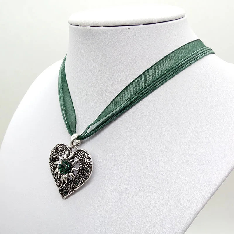 Heart Shape Vintage Carved Edelweiss Pendant Necklace Women Multicolor Rhinestone Ribbon Rope Necklace Oktoberfest Jewelry