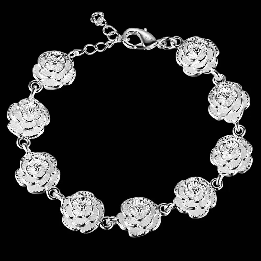 DOTEFFIL 925 Sterling Silver Full Rose Flower Chain Bracelet For Women Wedding Engagement Party Fashion Jewelry