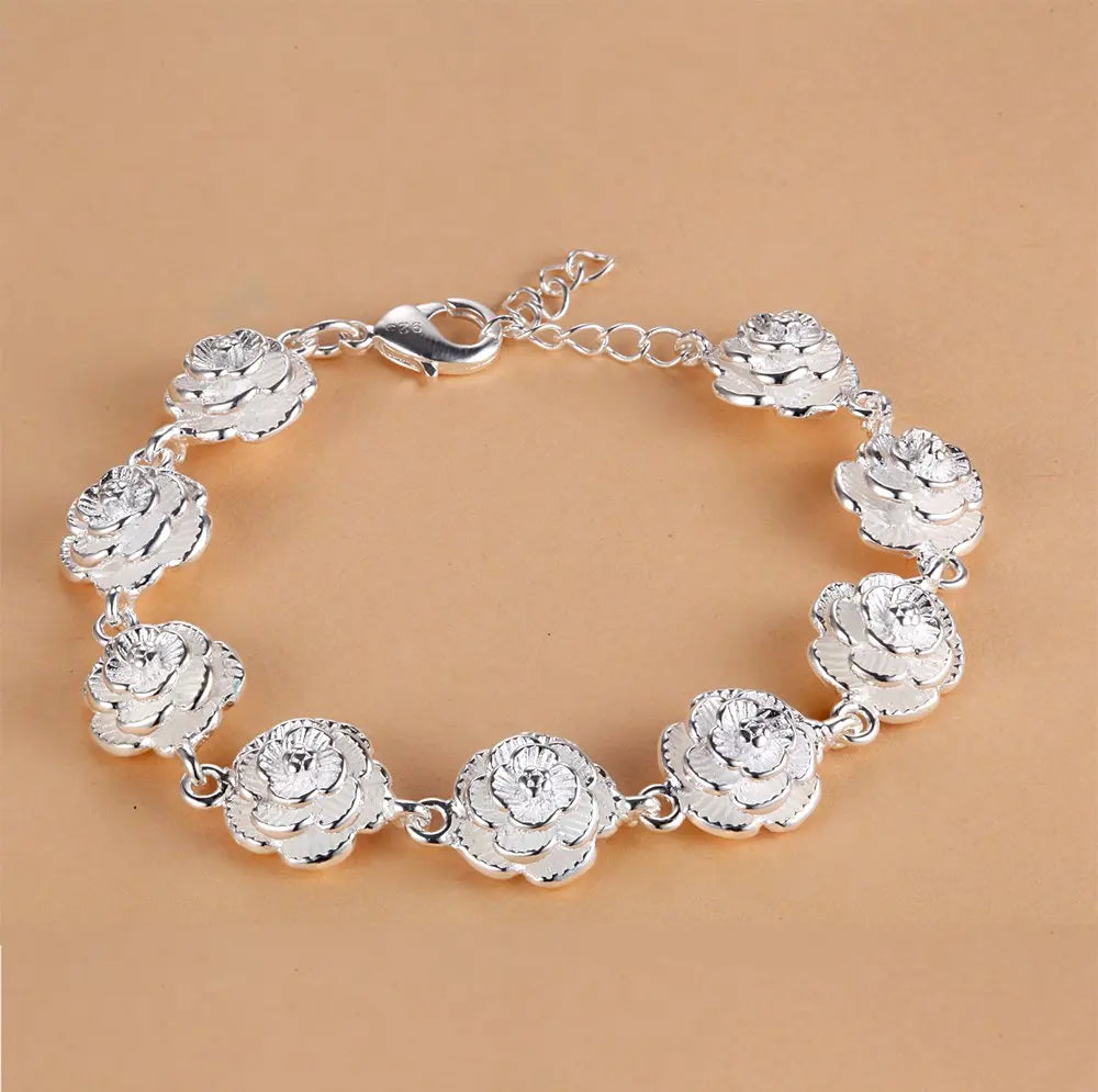 DOTEFFIL 925 Sterling Silver Full Rose Flower Chain Bracelet For Women Wedding Engagement Party Fashion Jewelry