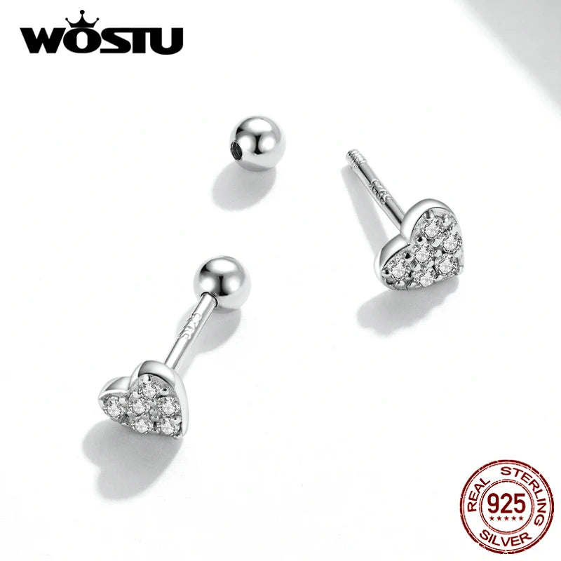 WOSTU 925 Sterling Silver Simple Heart Love Shining Zircon Stud Earrings For Women Fashion Party Jewelry CQE1298