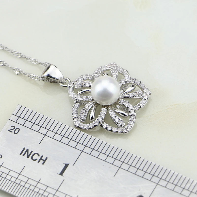 Flower 925 Sterling Silver White Pearl Cubic Zirconia Jewelry Set For Women Wedding Earrings/Ring/Pendant/Necklace