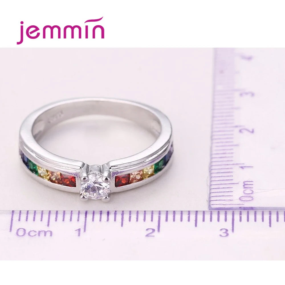 Top Sale 925 Silver  Ring For Women Rainbow Colorful AAAA CZ Crystal Party Wedding Engagement Jewelry Gift Size 5 -13