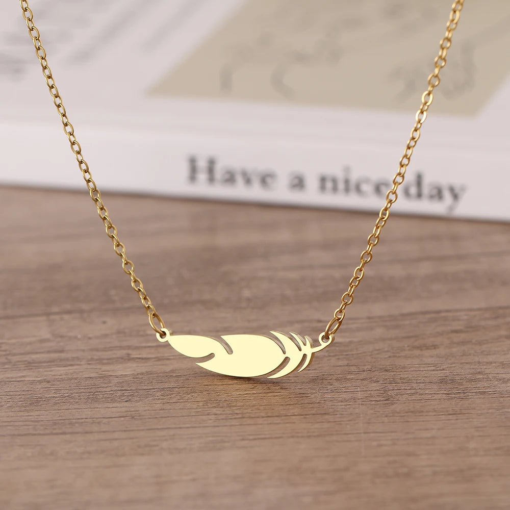 Stainless Steel Necklaces Simple Feather Charm Pendant Collar Chain Fashion Necklace For Women Men Jewelry Friends Best Gifts