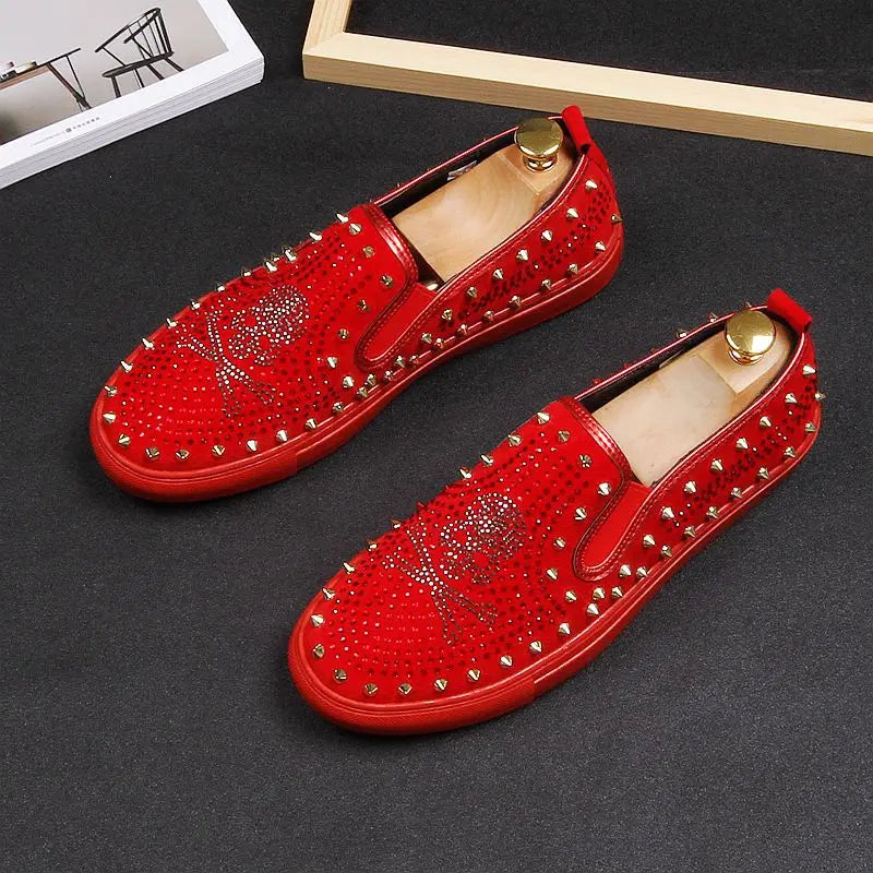 2024 New Shoes for Men Tide Leather Casual Shoes Spring Autumn Cool Skull Rivet Flat Shoes Leisure Slip-on Loafers