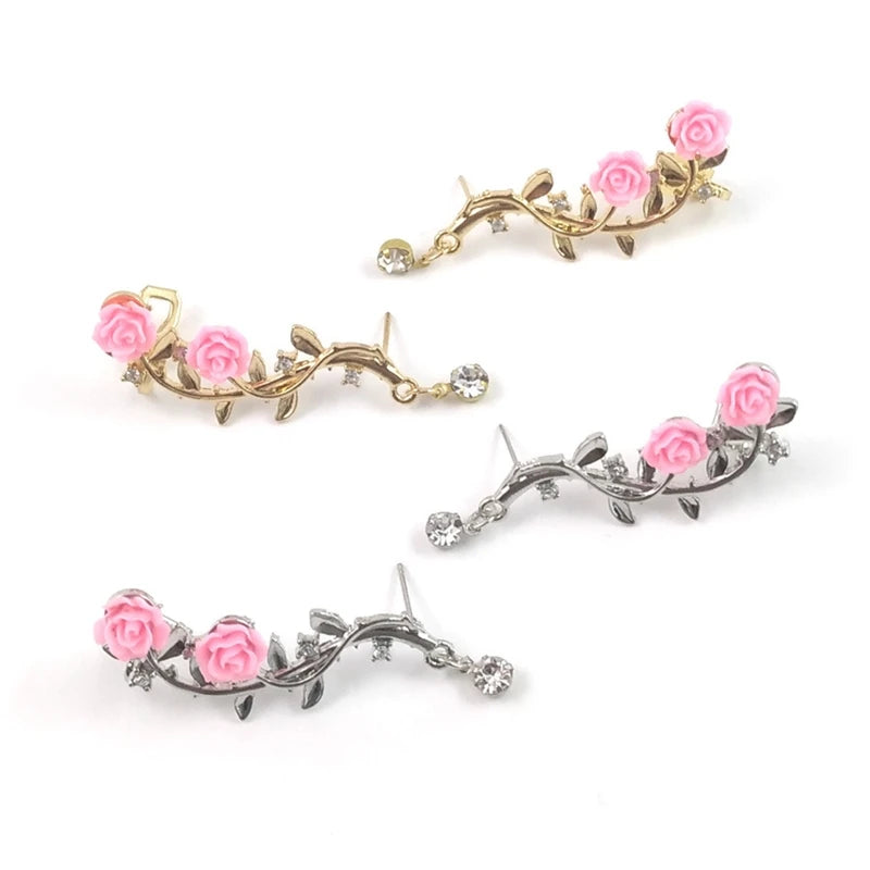 Vintage Rose Flower Cuff Earrings Trendy Rose Flower Climber Crawler Earrings Sparkly Metal Leaf Ear Cuff for Women Girl