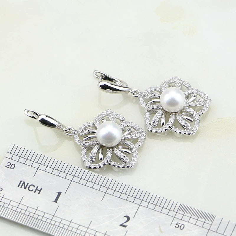Flower 925 Sterling Silver White Pearl Cubic Zirconia Jewelry Set For Women Wedding Earrings/Ring/Pendant/Necklace