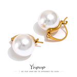 Load image into Gallery viewer, Yhpup Stainless Steel Imitation Pearls Hoop Earrings Korea Elegant Geometric Golden Huggie Temperament Fashion Jewelry Gala Gift
