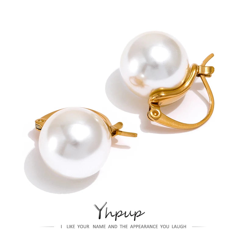 Yhpup Stainless Steel Imitation Pearls Hoop Earrings Korea Elegant Geometric Golden Huggie Temperament Fashion Jewelry Gala Gift