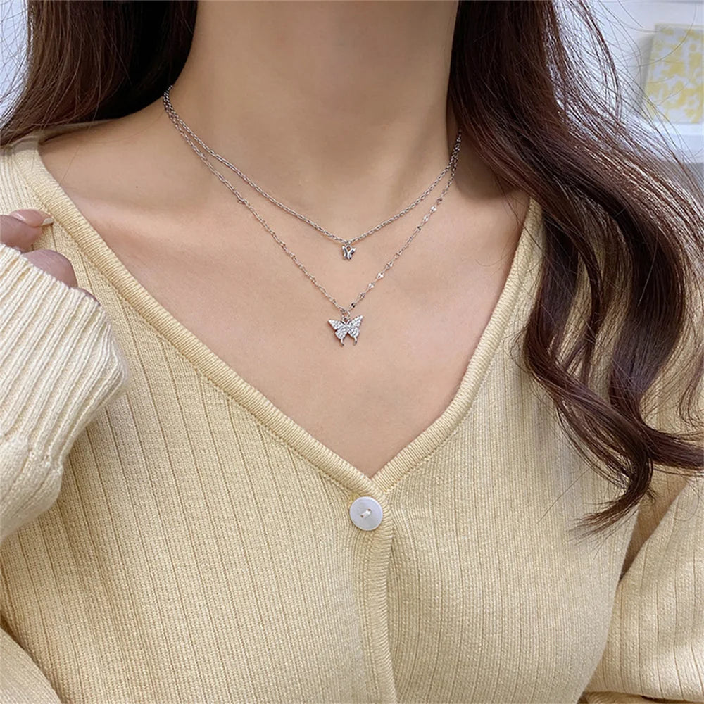 New Shiny Butterfly Necklace Stainless Steel Necklace For Women Double Layer Clavicle Chain  Jewelry for Ladies Gift