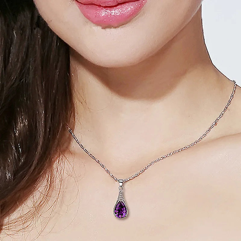 Buyee 925 Sterling Silver Pendant Chain Natural Amethyst Stone Necklace for Woman Girl Luxury Wedding Fine Jewelry Chain