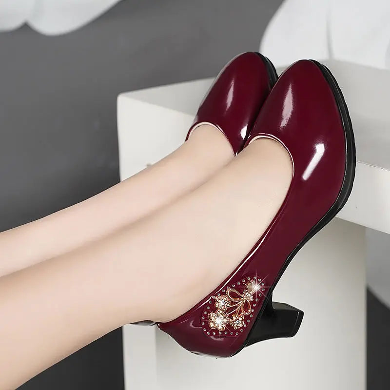 Women Cute European Stylish Round Toe Black Pu Leather Square Heel Pumps Lady Casual Wine Red Comfort Summer Heel Shoes E6960