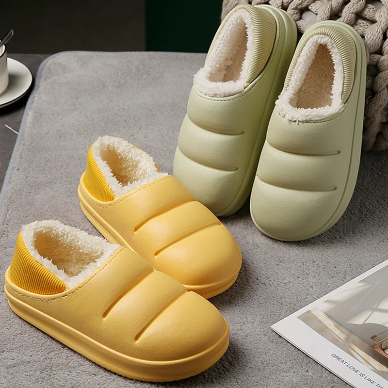 Waterproof Warm Plush Winter Women Fur Slippers Household Slides Indoor Home Thick Sole Footwear Non-Slip Solid Couple Sandals