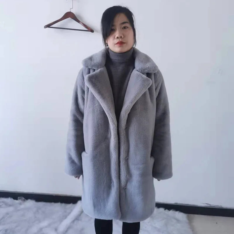 2022 New Women Winter Warm Faux Fur Coat Thick Women Middle -Long Overcoat Turn Down Collar Women Warm Female  Casaco Feminino