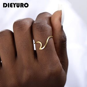 DIEYURO 316L Stainless Steel Fashion Design Geometric Wave Unique Ring Light Luxury Ladies Party Jewelry 3 Colours Adjustable