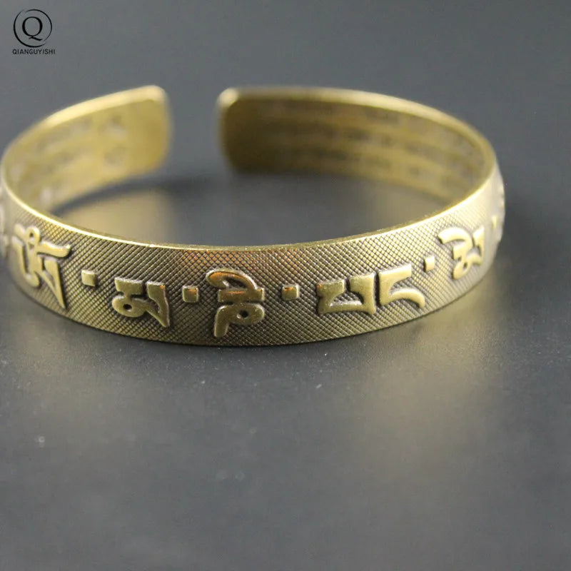 Nepal Handmade Vintage Brass Bracelet Six-word Mantra Men and Women Tibetan Buddhist Sutra Engraved Lucky Open Bangles Jewelry