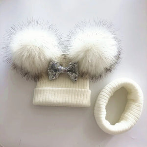 Kids Glitter Bow Knot Double Pompom Hat For Baby Girls Winter Cap Scarf Children Accessories Bonnet