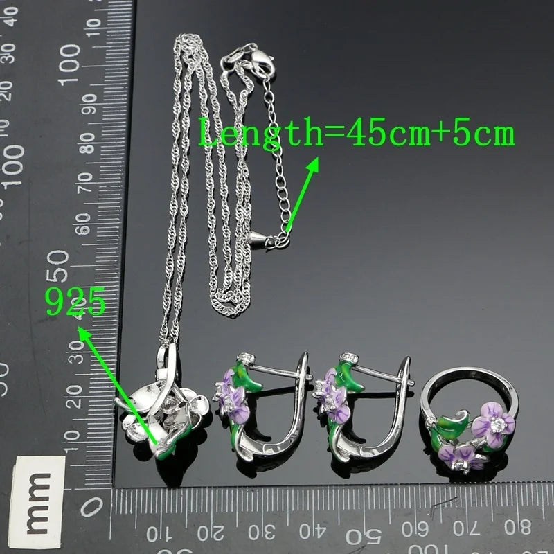 Purple Enamel Flower 925 Silver Jewelry Set Stud Earrings Ring Pendant Necklace Jewellery For Women Engagement
