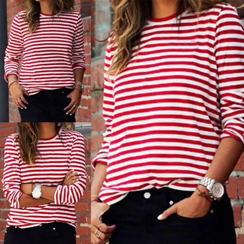 Women girls Red Striped Casual Autumn T-shirt  fashion Loose Long Sleeve Summer Spring Basic Inner Tops