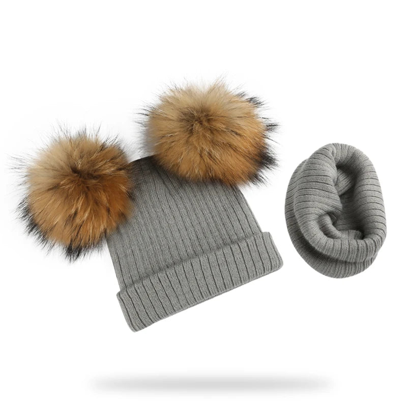 Winter Kids Natural Raccoon Fur Double Pompon Hat And Scarf For Girls Baby Cap With Genuine Pompom Children's Accessories Bonnet