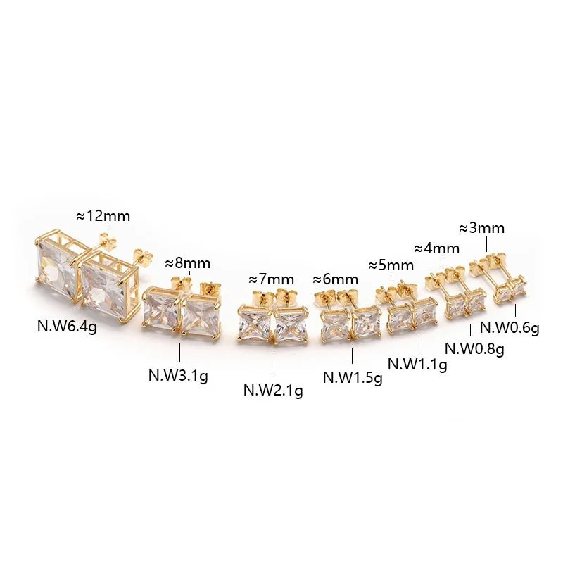 Dazzling Gold Color Square Cut Cubic Zirconia Stud Earring Cocktail Party Iced Out Crystal Earring Hip Hop Jewelry for Men Women