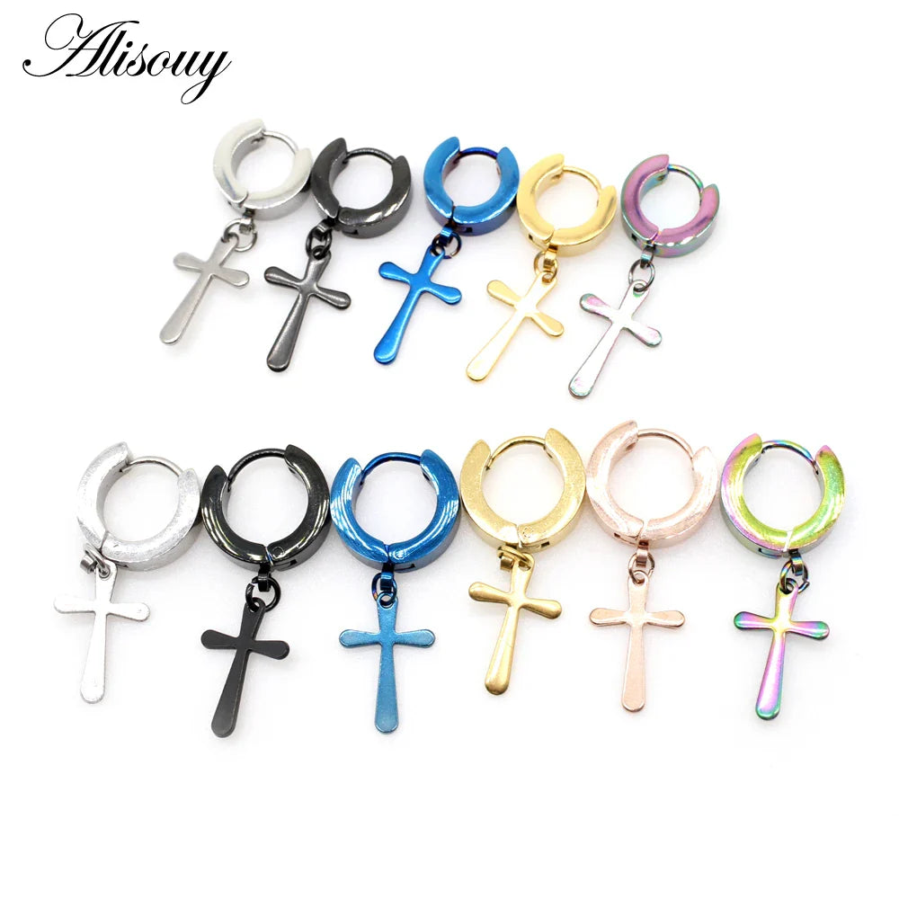 Alisouy 2 pc Men Cross Punk Dangle Earrings Gothic Woman Stainless Steel Cross Hoop Earrings Huggies Pendant Piercing jewlery