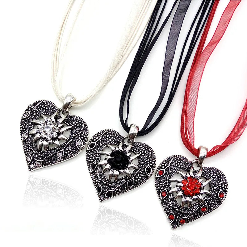 Heart Shape Vintage Carved Edelweiss Pendant Necklace Women Multicolor Rhinestone Ribbon Rope Necklace Oktoberfest Jewelry