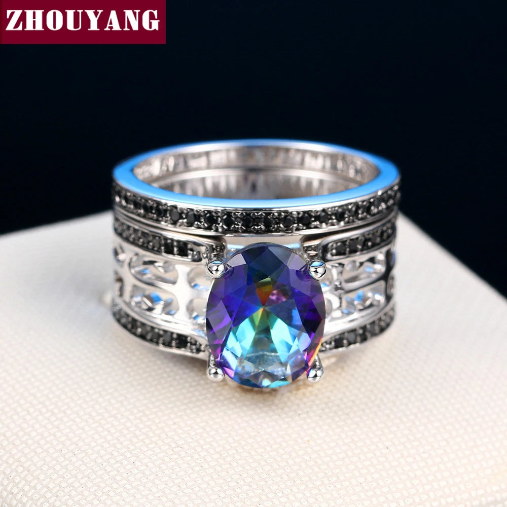 Oval Rainbow Stone Ring Sets For Women Zirconia Wedding Jewlery Silver Color Fashion Jewelry Party Top Quality Wholesale DD046