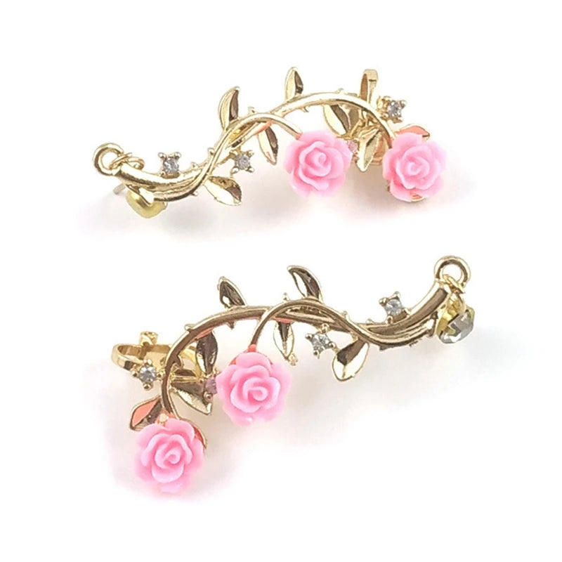 Vintage Rose Flower Cuff Earrings Trendy Rose Flower Climber Crawler Earrings Sparkly Metal Leaf Ear Cuff for Women Girl