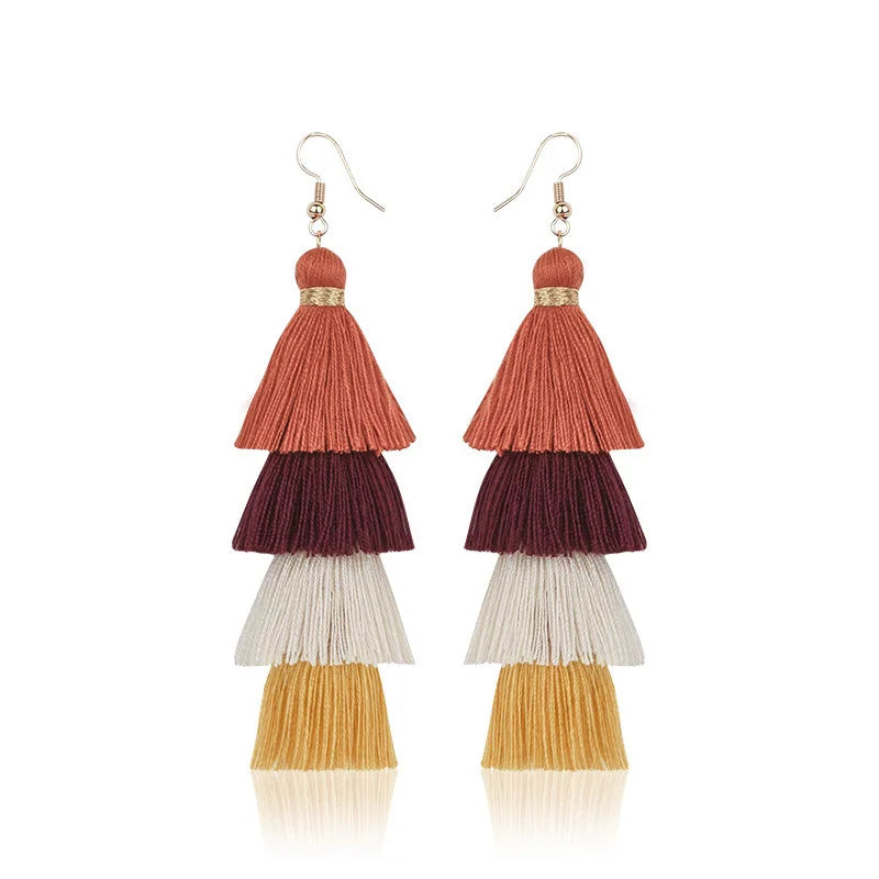 Bohemian 4 Layered Tassel Earrings For Women Ethnic Long Fringe Multi color Statement Dangle Earring GirlsFashion Jewelry