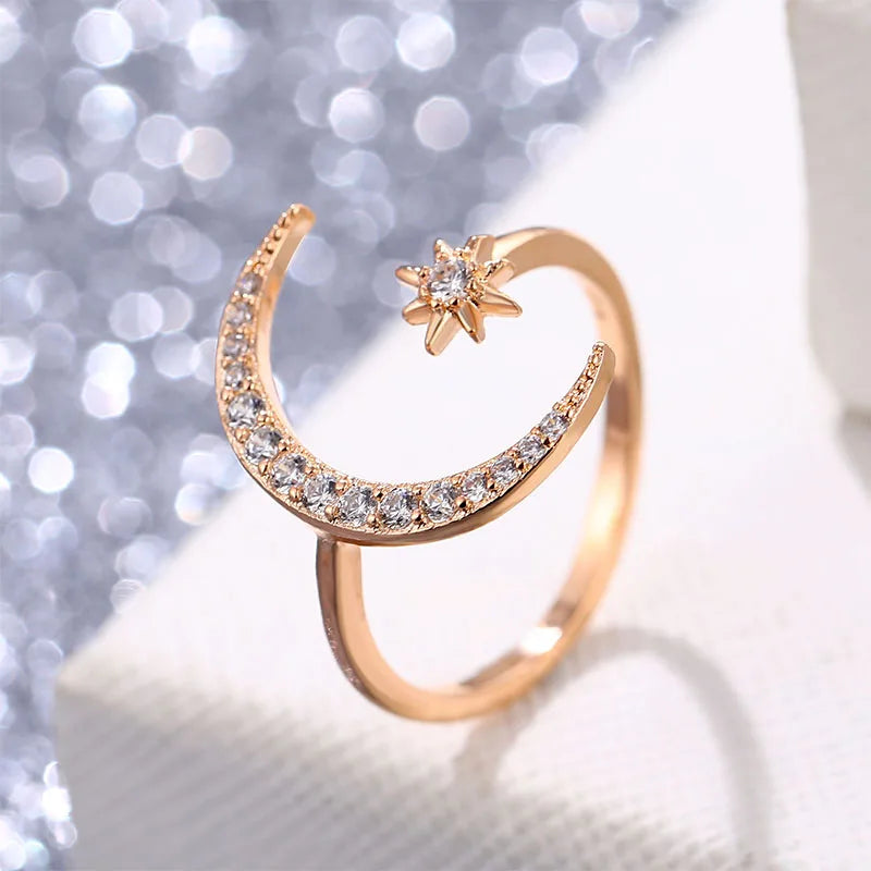 EN New Fashion Crytal Ring Moon & Star Dazzling Open Finger Rings for Women Girls Wedding Engagement Jewelry Gift