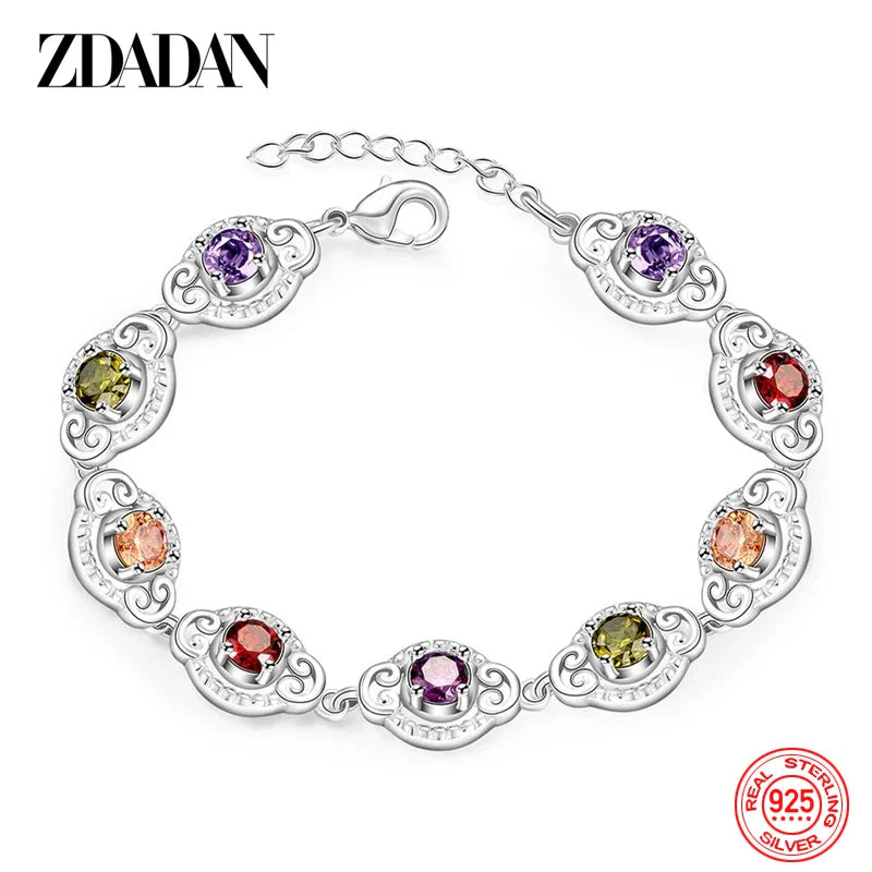 ZDADAN 925 Sterling Silver Fashion Crystal Charm Bracelet & Bangle For Women Simple Adjustable Bracelets Jewelry Party Gifts