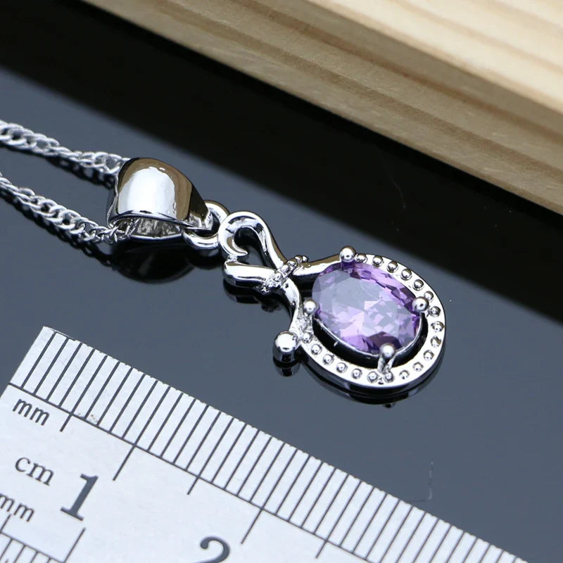 Romantic Purple Amethyst Birthstone 925 Silver Jewelry Set for Women Drop Earring Necklace Open Ring Party Wedding Jewellry