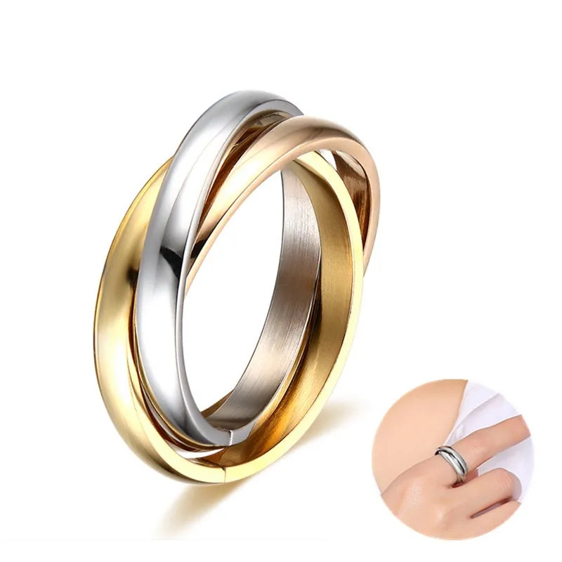 Stainless Steel Tri Color Rolling Ring Wedding Band for Women Girl Size 4-12