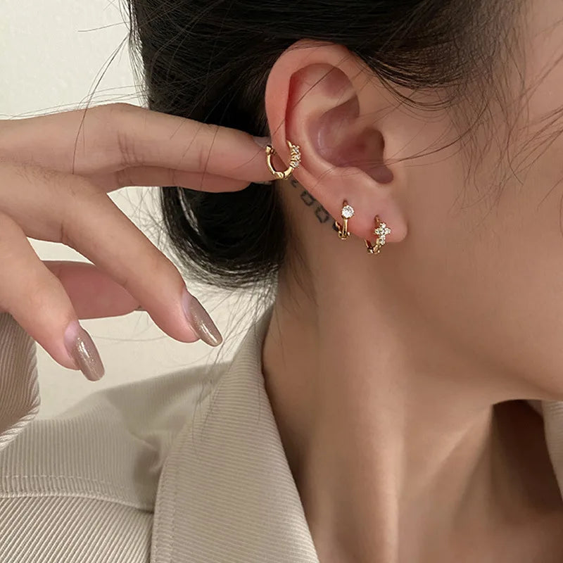 korean Simple Piercing Cross Flower Hoops huggie Earrings Rings Small Geometry Round Rhinestones Gold Color Hoop Earrings Gift