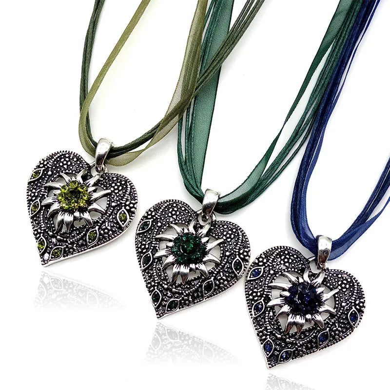 Heart Shape Vintage Carved Edelweiss Pendant Necklace Women Multicolor Rhinestone Ribbon Rope Necklace Oktoberfest Jewelry