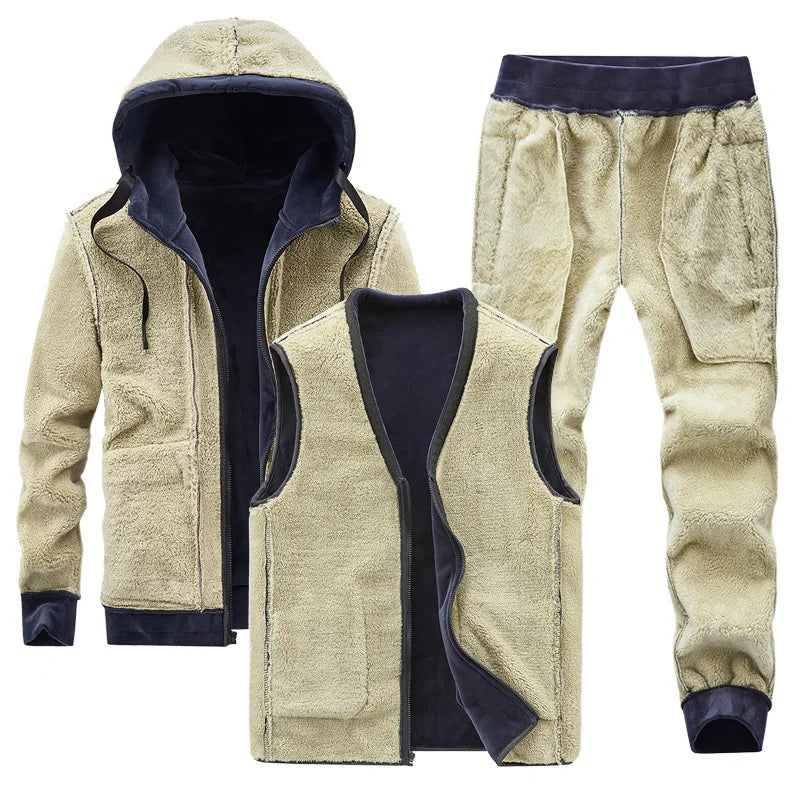 Men Winter Plus Velvet Thick Tracksuits Men's Lamb Cashmere Hoodies+vests+pants Three-pieces Sets Men Warm Casual Lamb Wool Sets