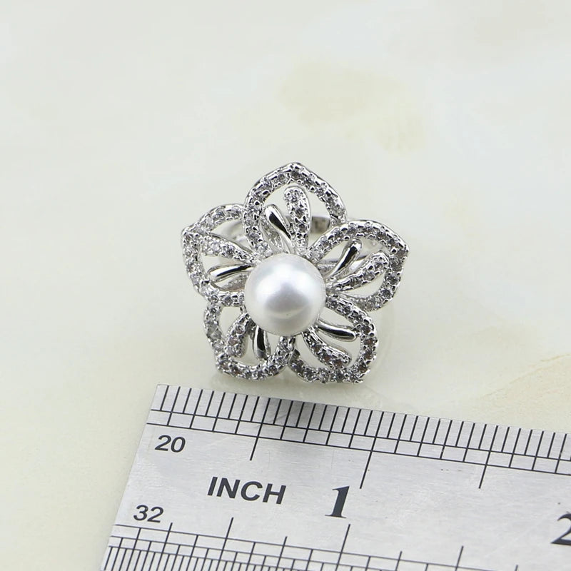 Flower 925 Sterling Silver White Pearl Cubic Zirconia Jewelry Set For Women Wedding Earrings/Ring/Pendant/Necklace