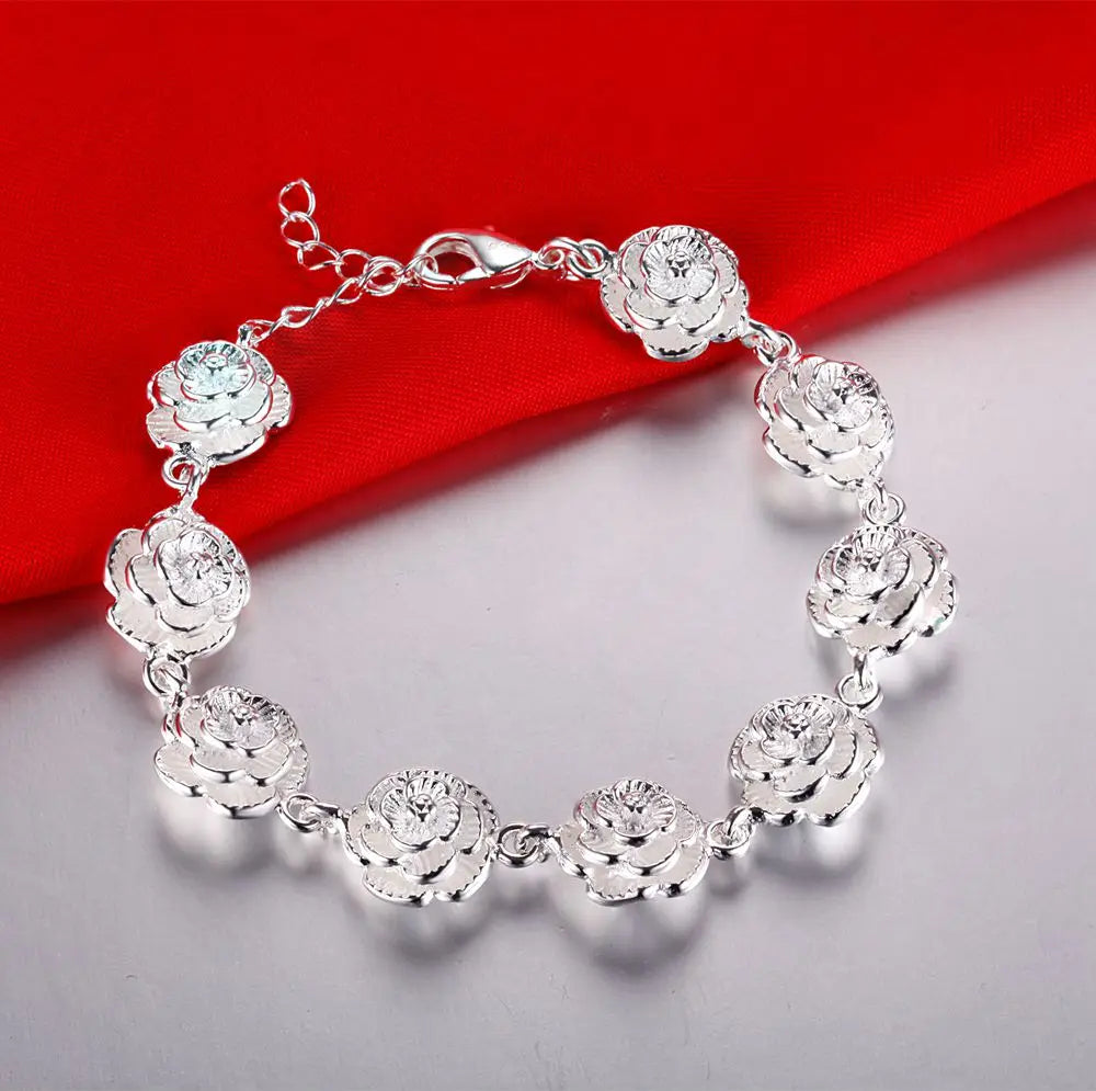 DOTEFFIL 925 Sterling Silver Full Rose Flower Chain Bracelet For Women Wedding Engagement Party Fashion Jewelry