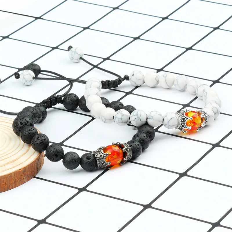 Vintage Crown Bracelet for Men Women Lava Stone Natural Beaded Charm Braceles Fashion Couple Jewelry Gifts Friends Pulseras Gift